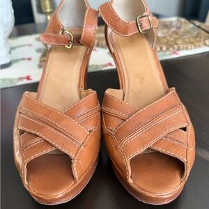 Frye Tan Leather Wedges with Ankle Strap